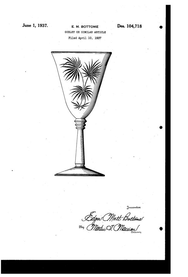 Fostoria # 329 Lido Etch on #6017 Sceptre Goblet Design Patent D104718-1