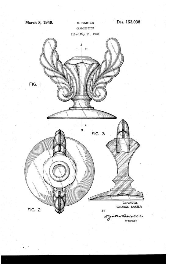 Fostoria Plume Candlestick Design Patent D153038-1