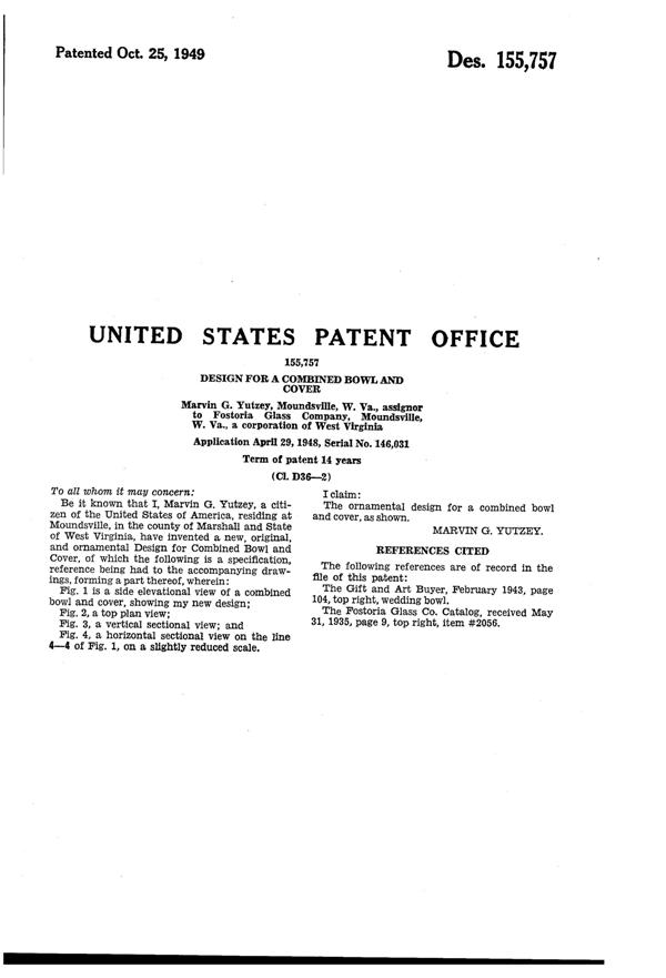 Fostoria #2056 American Footed Candy Box & Cover Design Patent D155757-4
