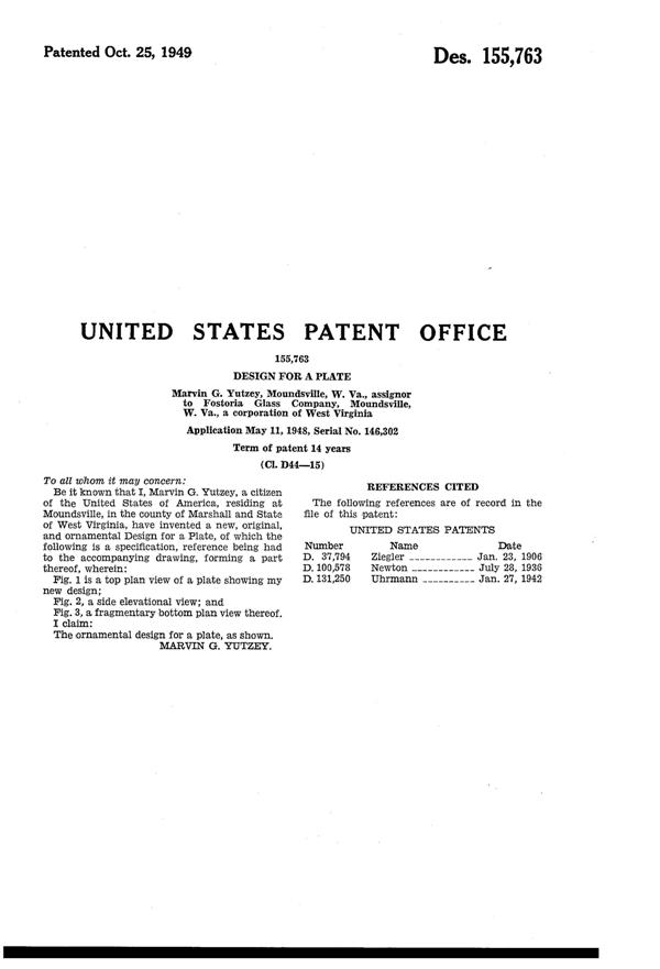 Fostoria #2630 Century Plate Design Patent D155763-2