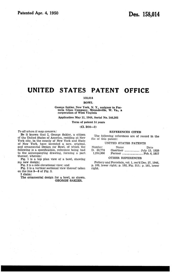 Fostoria Plume Bowl Design Patent D158014-2
