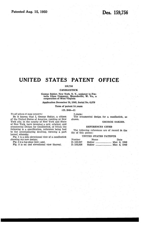 Fostoria #2636 Plume Duo Candlestick Design Patent D159756-3