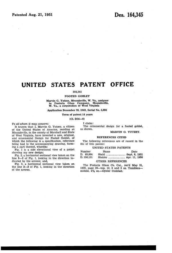 Fostoria #2630 Century Footed Tumbler Design Patent D164345-2