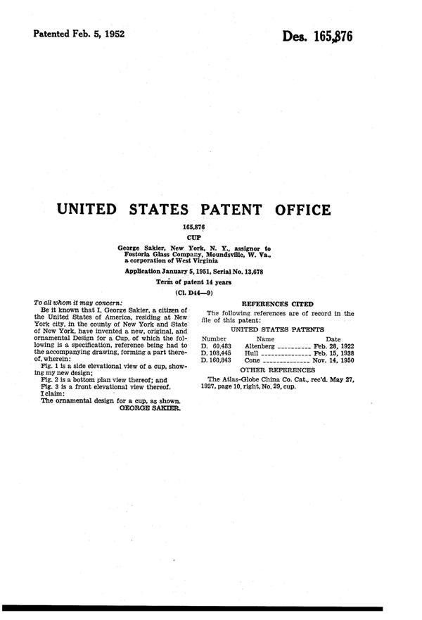 Fostoria #2650 Horizon Cup Design Patent D165876-2