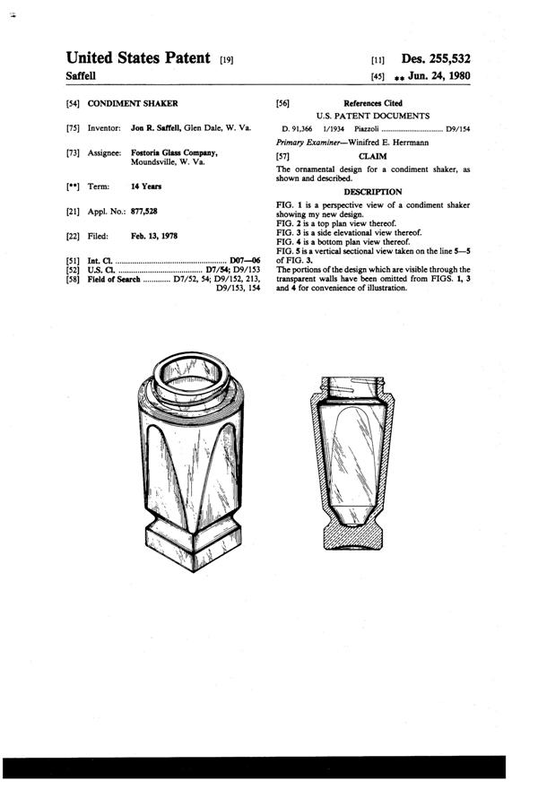 Fostoria #2936 Transition Shaker Design Patent D255532-1