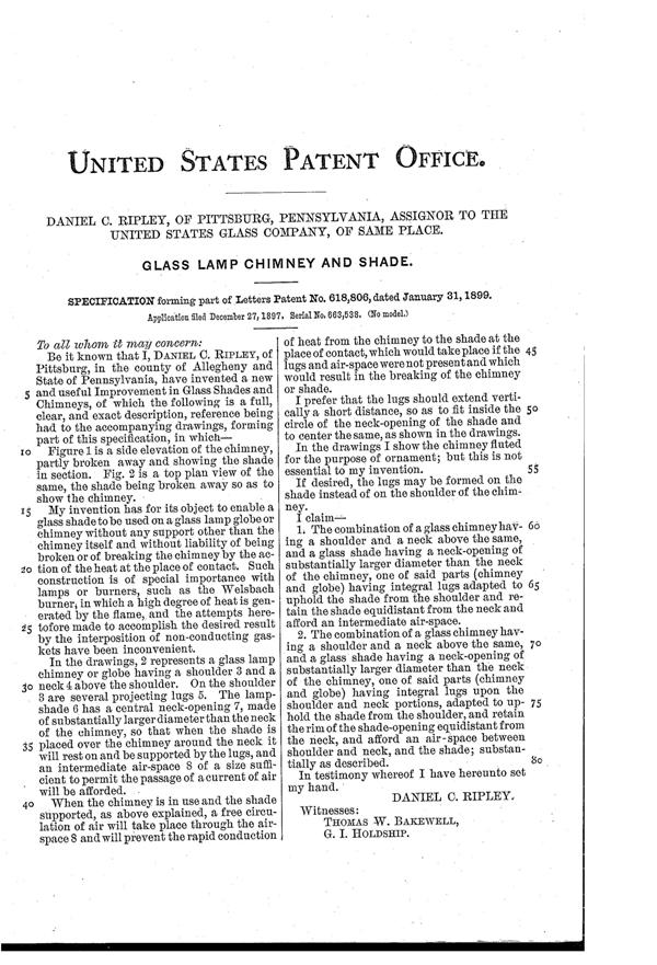 U. S. Glass Lamp Chimney & Shade Patent  618806-2