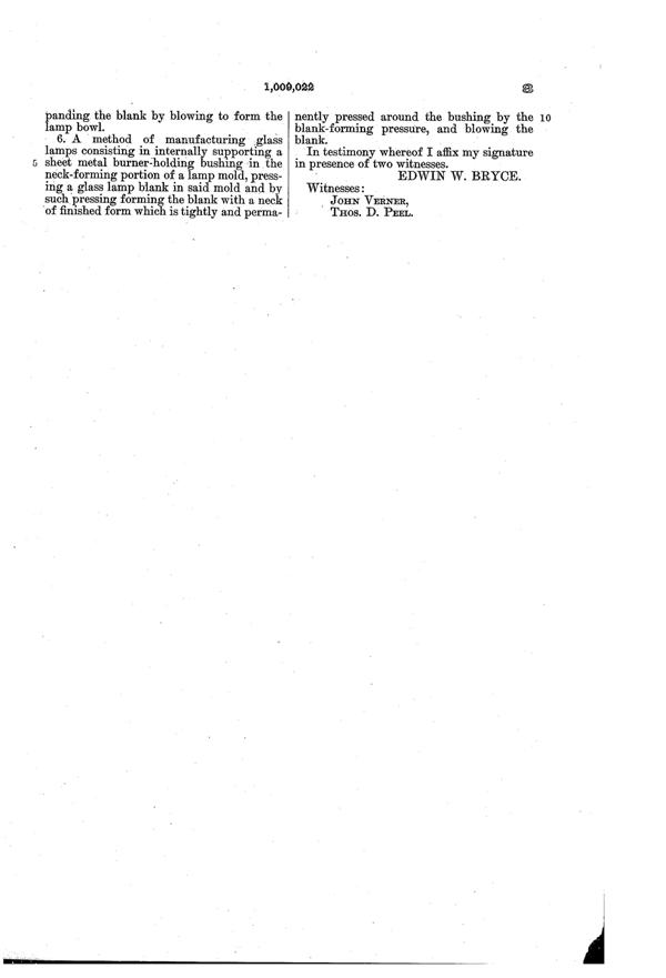 U. S. Glass Lamp Patent 1009022-4