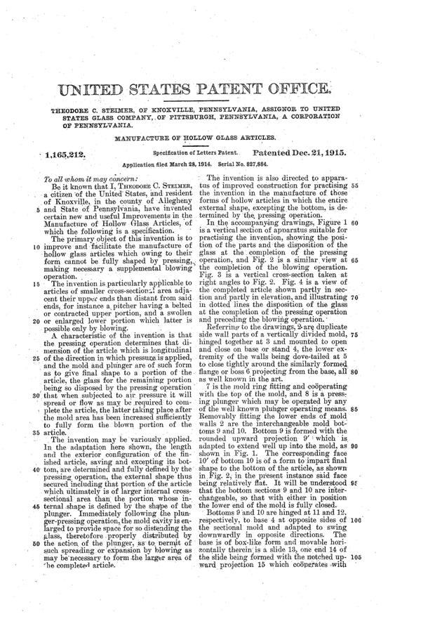 U. S. Glass Jug Patent 1165212-3
