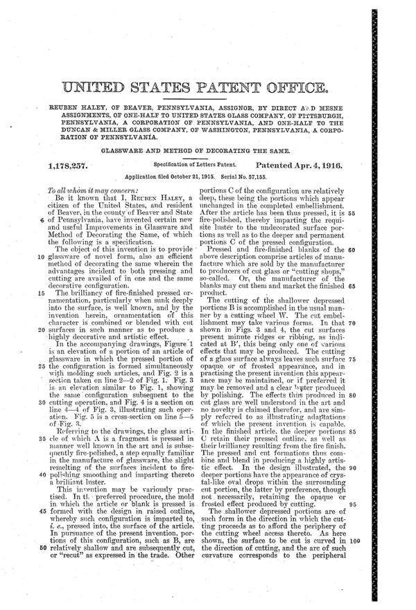 U. S. Glass Cutting Patent 1178257-2