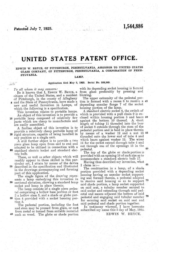 U. S. Glass Lamp Patent 1544886-2
