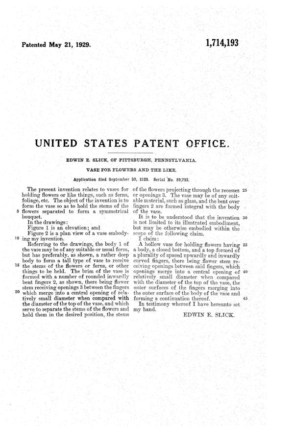 U. S. Glass #16261 Vase Patent 1714193-2