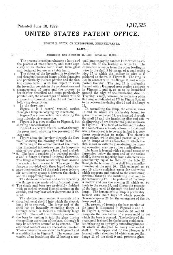 U. S. Glass #A24 Dainty Boudoir Lamp Patent 1717525-3