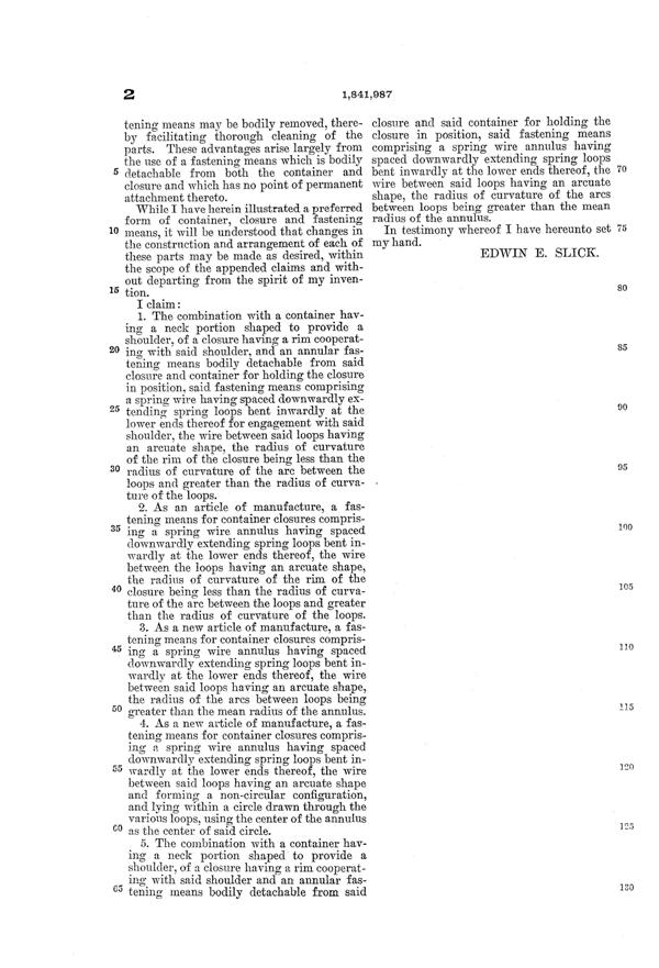 U. S. Glass Container Patent 1841987-3
