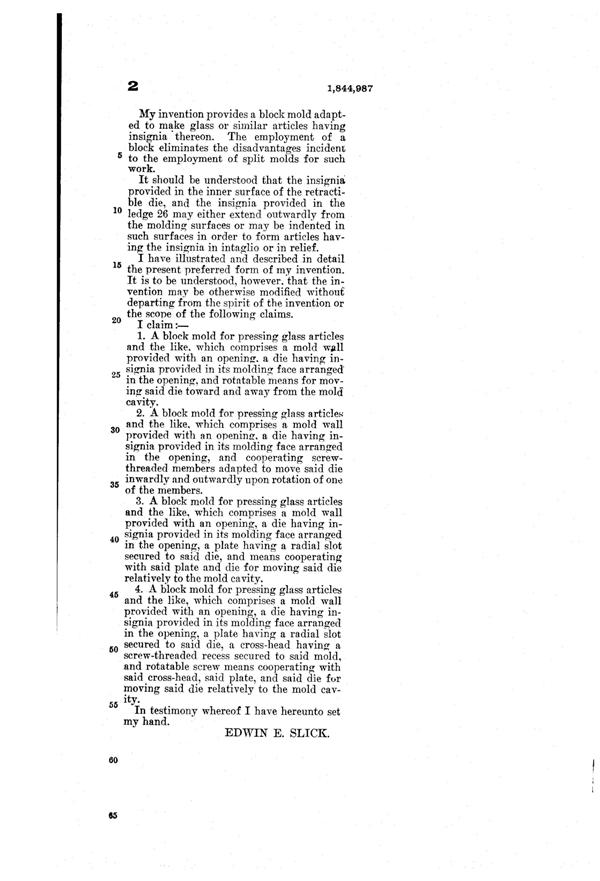 U. S. Glass Battery Jar Mold Patent 1844987-3
