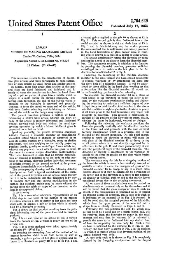 U. S. Glass #   92 Vase Patent 2754629-2