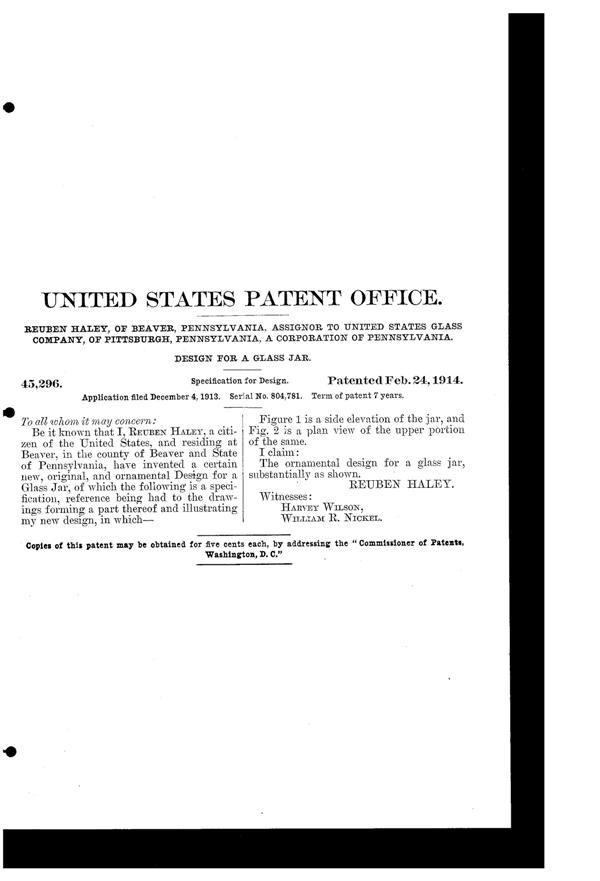 U. S. Glass Jar Design Patent D 45296-2