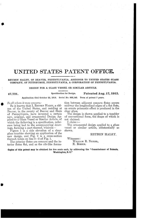 U. S. Glass Tumbler Design Patent D 47721-2