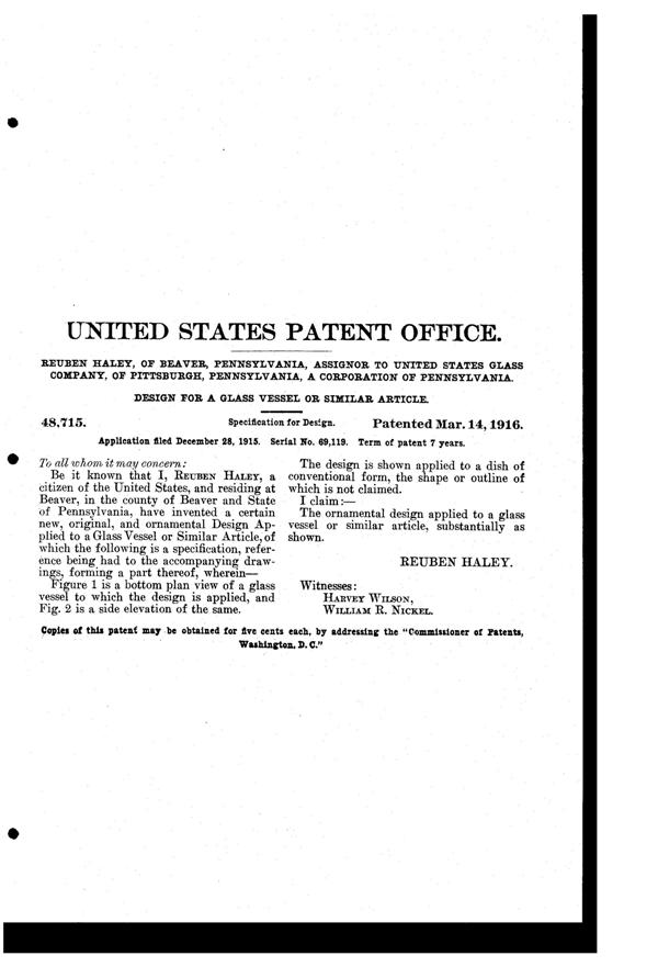 U. S. Glass Cut Bowl Design Patent D 48715-2