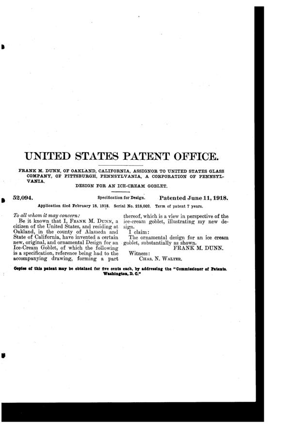 U. S. Glass Footed Tumbler Design Patent D 52094-2