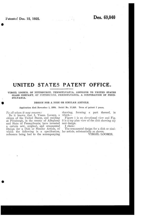 U. S. Glass #15325 Wakefield Bowl Design Patent D 69040-2