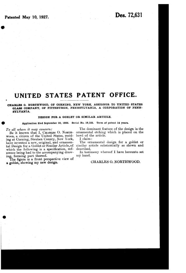 U. S. Glass Julia Etch on #14185 Footed Tumbler Design Patent D 72631-2