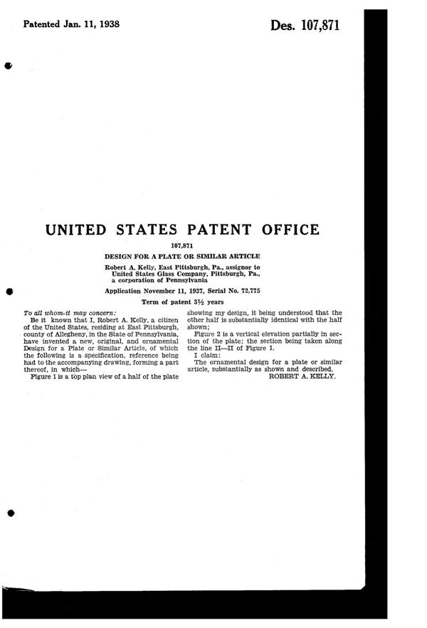 U. S. Glass Plate Design Patent D107871-2