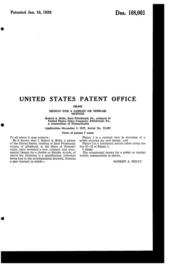 U. S. Glass #15365 Footed Tumbler Design Patent D108003-2