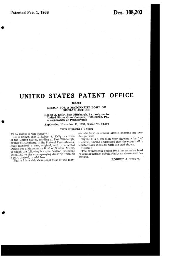 U. S. Glass #15365 Cascade Mayonnaise Bowl Design Patent D108203-2