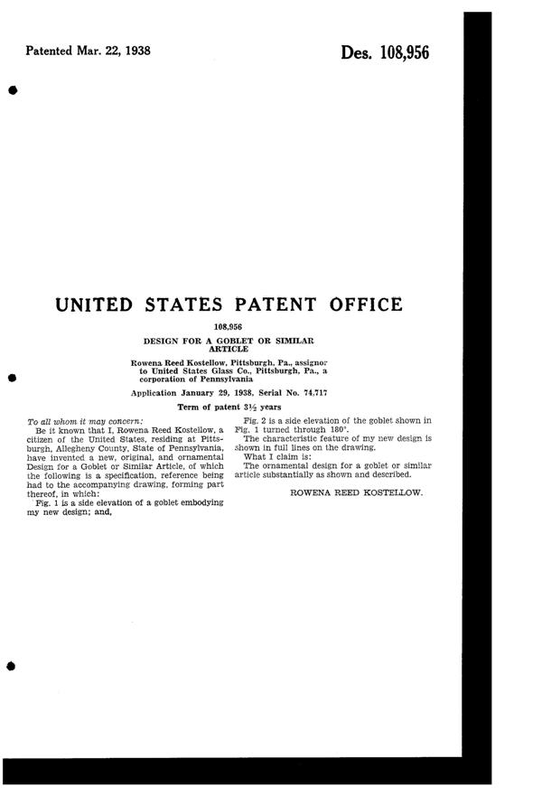 U. S. Glass Floral Cutting on Goblet Design Patent D108956-2