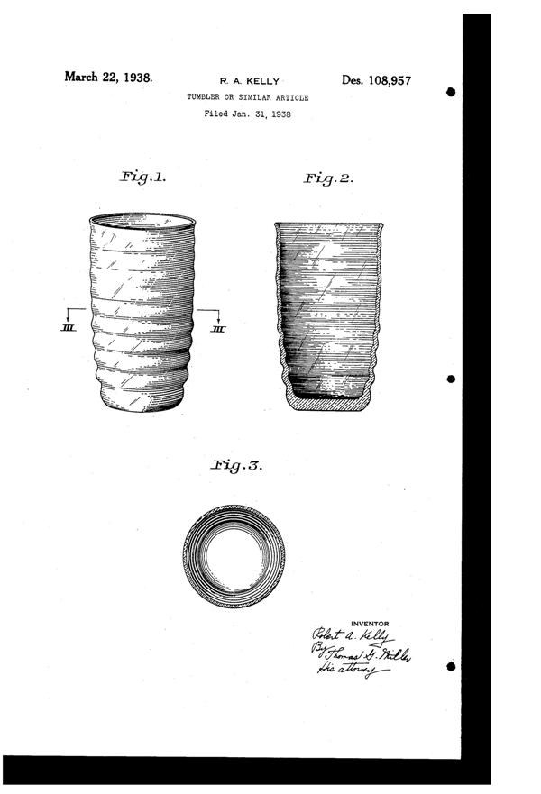 U. S. Glass Tumbler Design Patent D108957-1