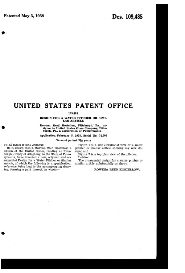 U. S. Glass Guild Gossamer Water Pitcher Design Patent D109485-2