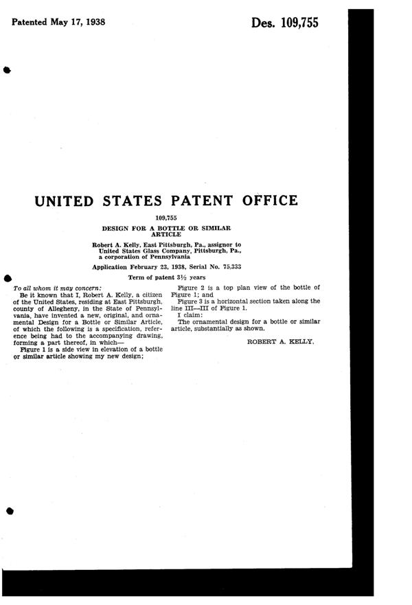 U. S. Glass #15365 Cascade Bottle Design Patent D109755-2