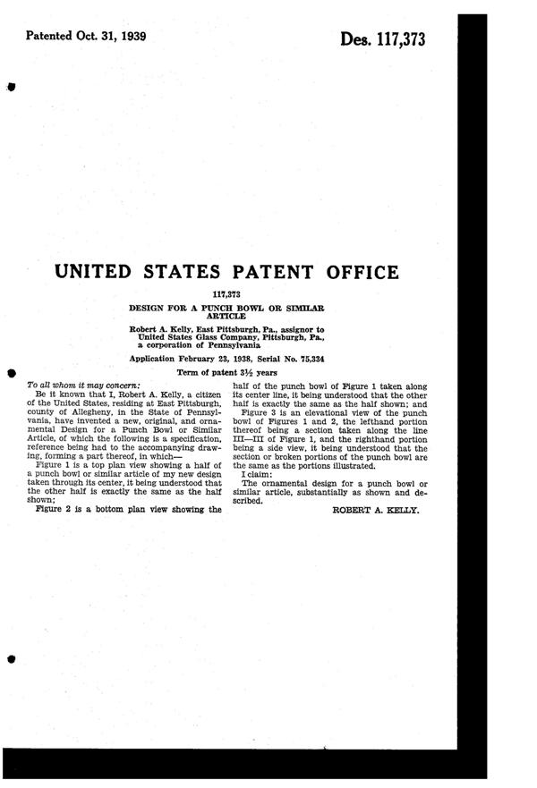 U. S. Glass #15365 Cascade Punch Bowl Design Patent D117373-2