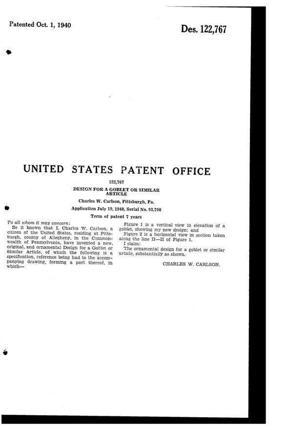 U. S. Glass #17359 Goblet Design Patent D122767-2