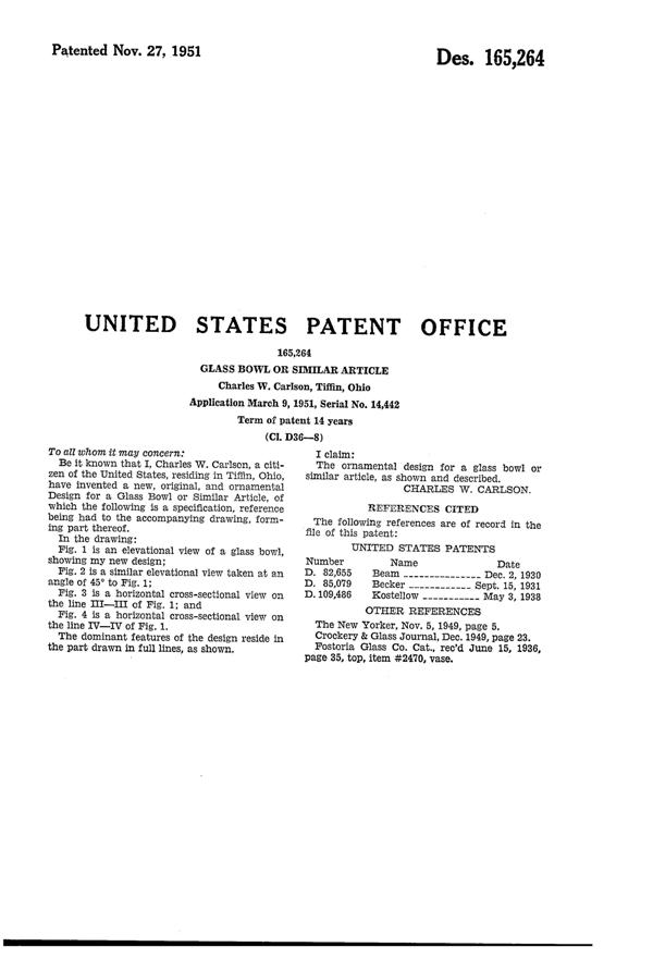 U. S. Glass # 6421 Cellini Bowl Design Patent D165264-2