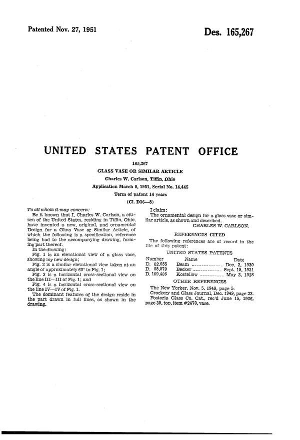 U. S. Glass # 6418 Vase Design Patent D165267-2