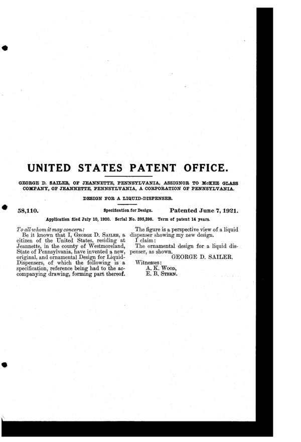McKee Dispenser Design Patent D 58110-2