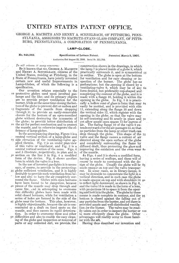 MacBeth-Evans Light Fixture Globe Patent  845962-2