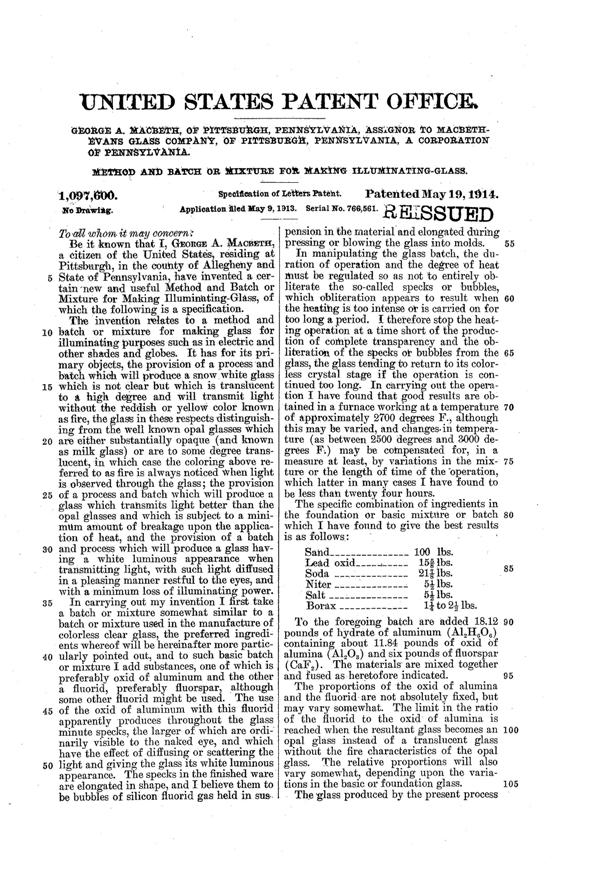 MacBeth-Evans Illuminating Glass Patent 1097600-1