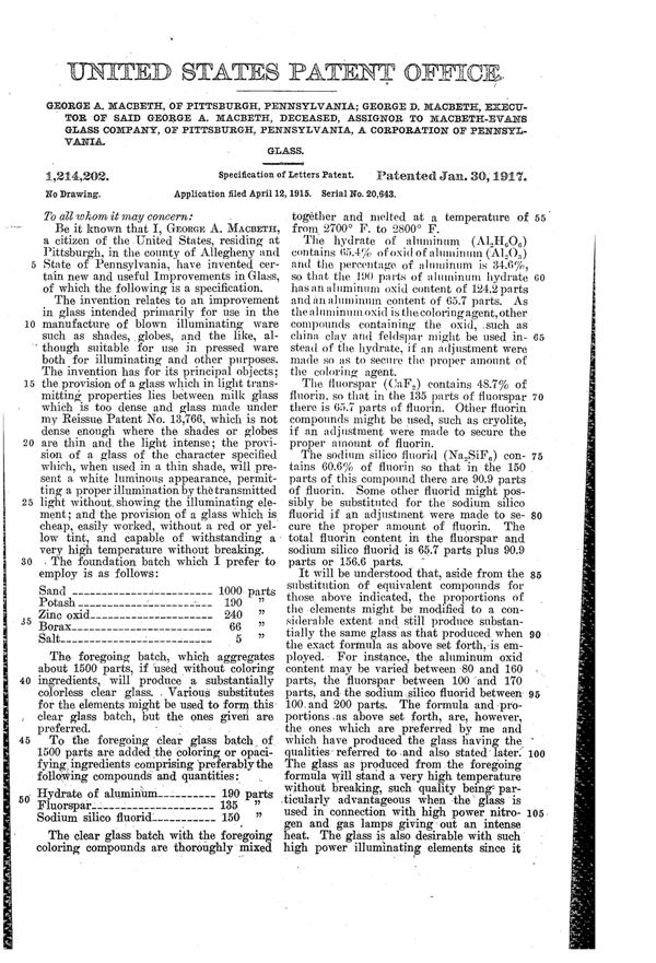 MacBeth-Evans Illuminating Glass Patent 1214202-1