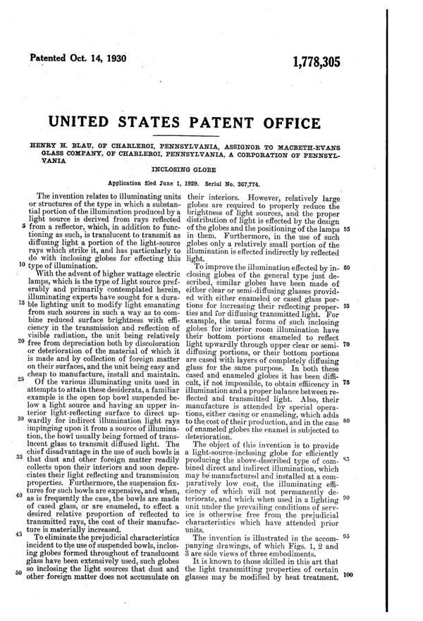MacBeth-Evans Light Fixture Globe Patent 1778305-2