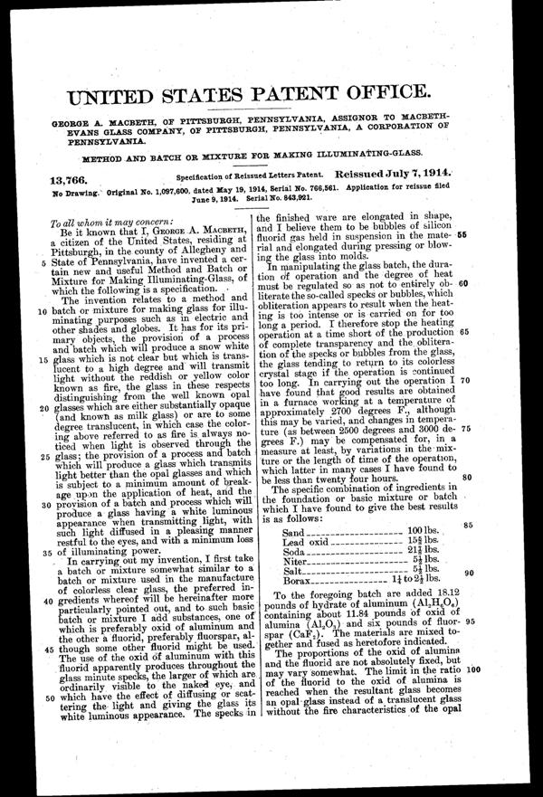 MacBeth-Evans Illuminating Glass Reissued Patent RE13766-1