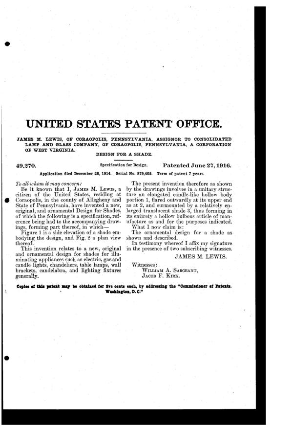 Consolidated Lamp Chimney Design Patent D 49270-2