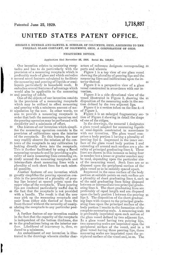 Federal Three-Spout Measuring Cup Patent 1718897-2