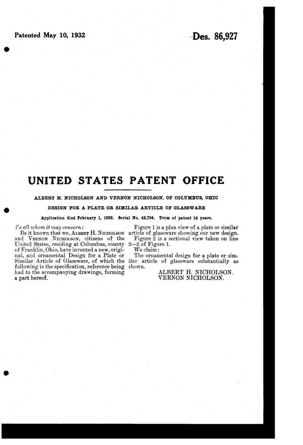 Federal Madrid Plate Design Patent D 86927-2