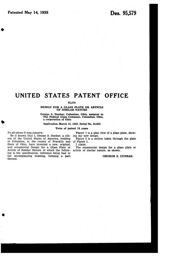 Federal Sharon Plate Design Patent D 95579-2