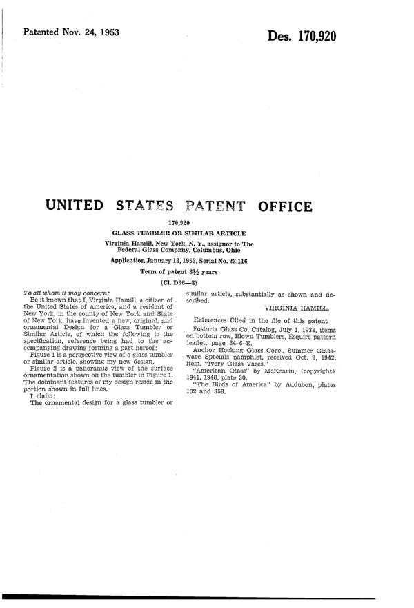 Federal Audubon Blue Jay Tumbler Design Patent D170920-2