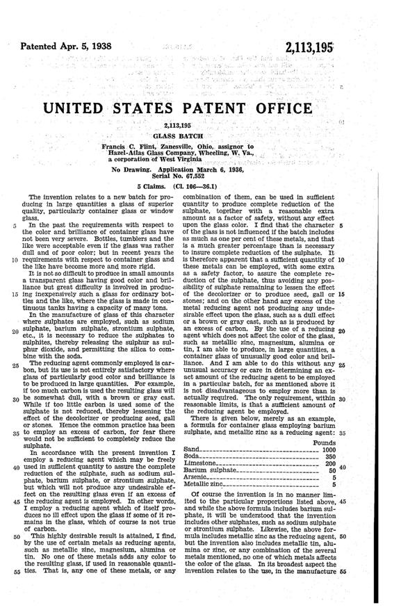 Hazel-Atlas Glass Formula Patent 2113195-1