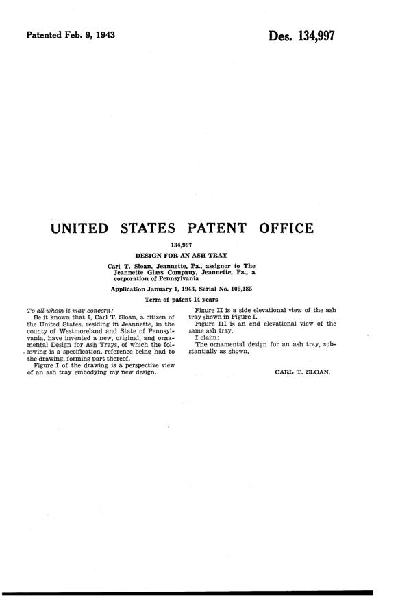 Jeannette Ash Tray Design Patent D134997-2