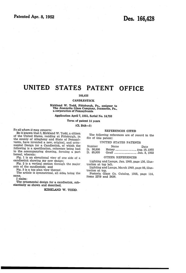 Jeannette Candleholder Design Patent D166428-2